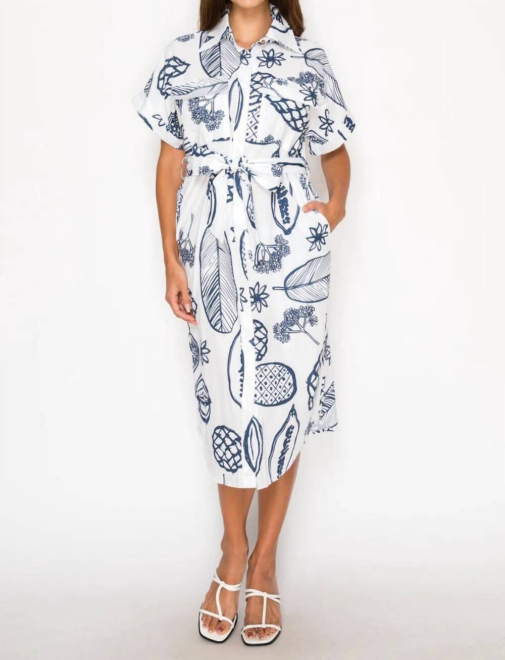 NEW MEET ME IN SANTORINI fruit delight shirtdress in white/blue